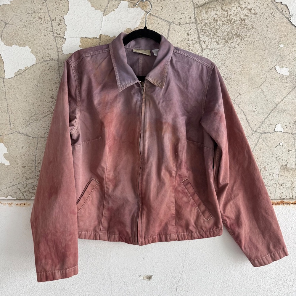 Vtg 90s Jacket Cropped Utility Full Zip Ombre Pink Mauve‎ Watercolor Womens L
